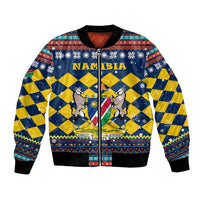 Namibia Christmas Bomber Jacket with Blue-Yellow Diamond Pattern, Coat of Arms, and Flag Map Motif - Wonder Print Shop