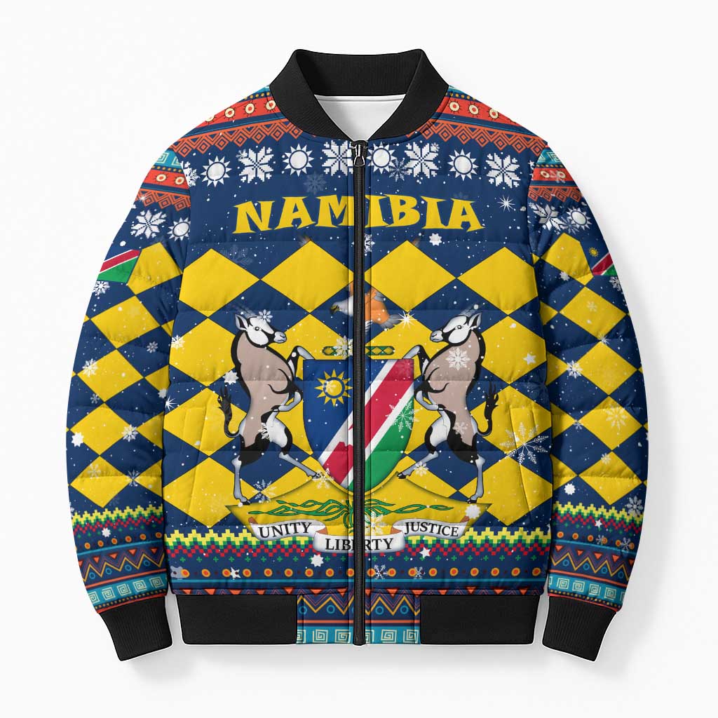 Namibia Christmas Bomber Puffer Jacket with Blue-Yellow Diamond Pattern, Coat of Arms, and Flag Map Motif - Wonder Print Shop