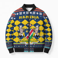 Namibia Christmas Bomber Puffer Jacket with Blue-Yellow Diamond Pattern, Coat of Arms, and Flag Map Motif - Wonder Print Shop