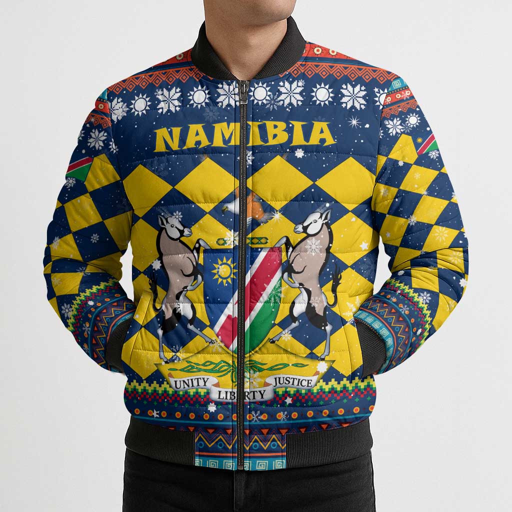 Namibia Christmas Bomber Puffer Jacket with Blue-Yellow Diamond Pattern, Coat of Arms, and Flag Map Motif - Wonder Print Shop