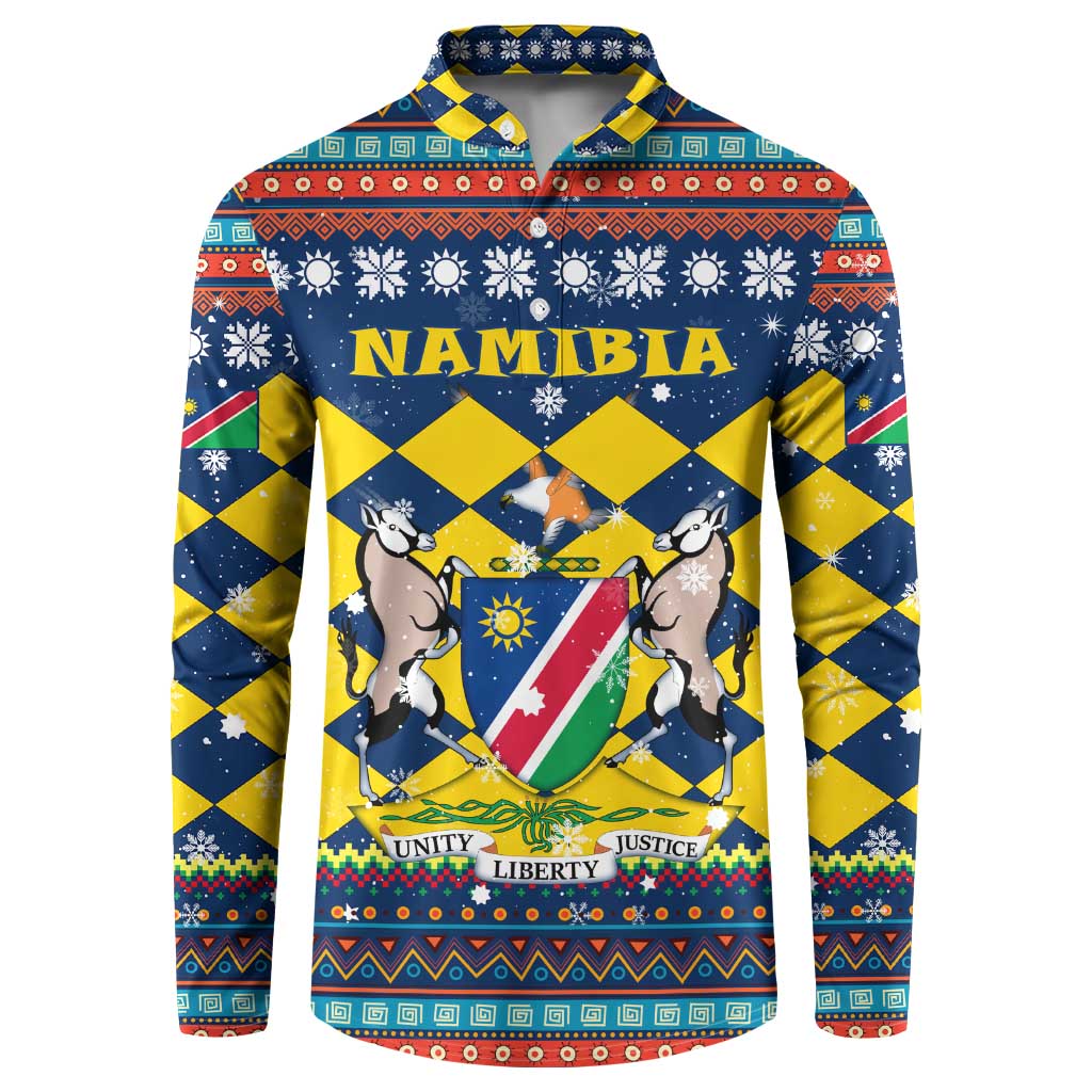 Namibia Christmas Button Sweatshirt with Blue-Yellow Diamond Pattern, Coat of Arms, and Flag Map Motif - Wonder Print Shop