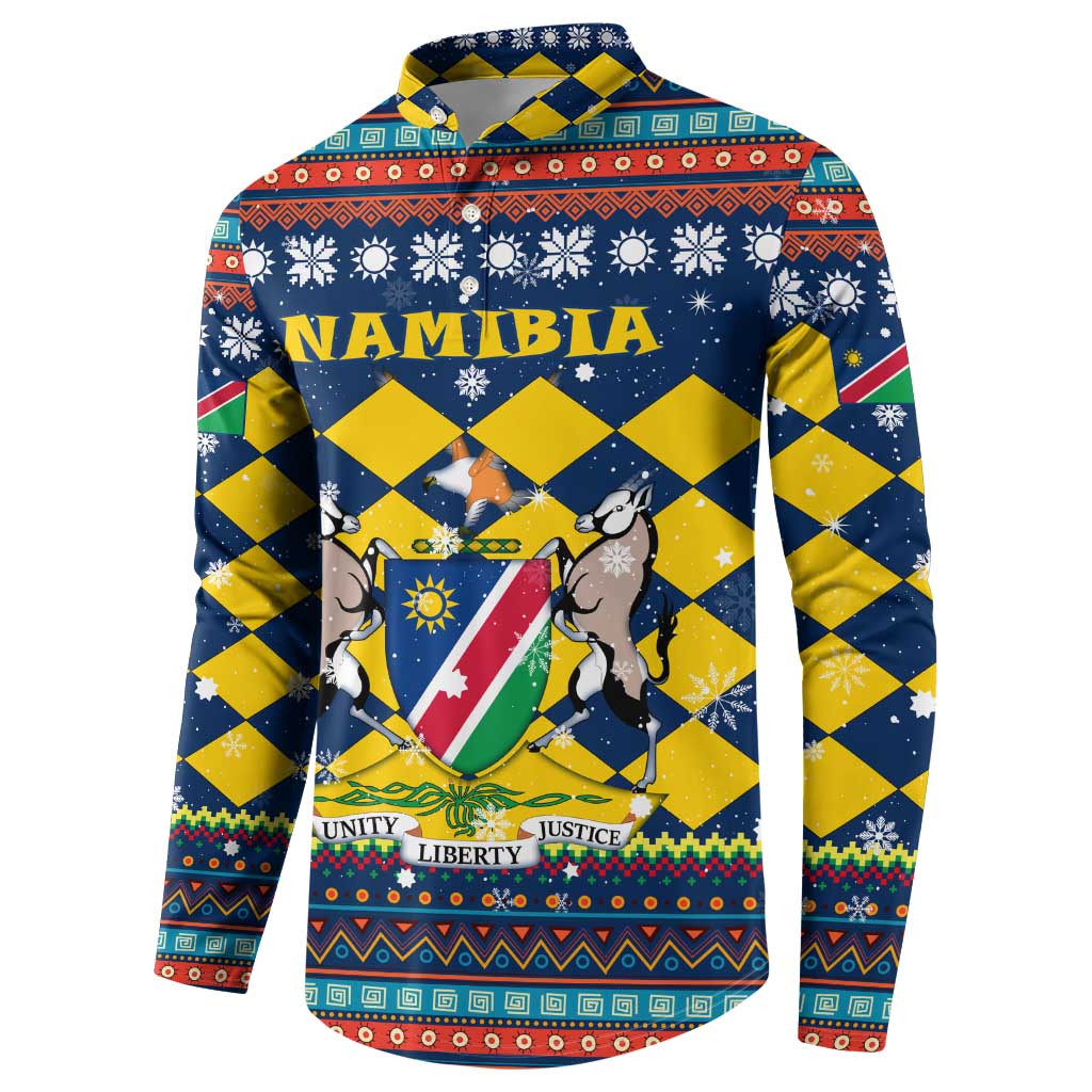 Namibia Christmas Button Sweatshirt with Blue-Yellow Diamond Pattern, Coat of Arms, and Flag Map Motif - Wonder Print Shop