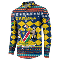 Namibia Christmas Button Sweatshirt with Blue-Yellow Diamond Pattern, Coat of Arms, and Flag Map Motif - Wonder Print Shop