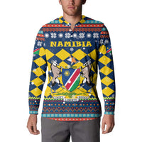 Namibia Christmas Button Sweatshirt with Blue-Yellow Diamond Pattern, Coat of Arms, and Flag Map Motif - Wonder Print Shop