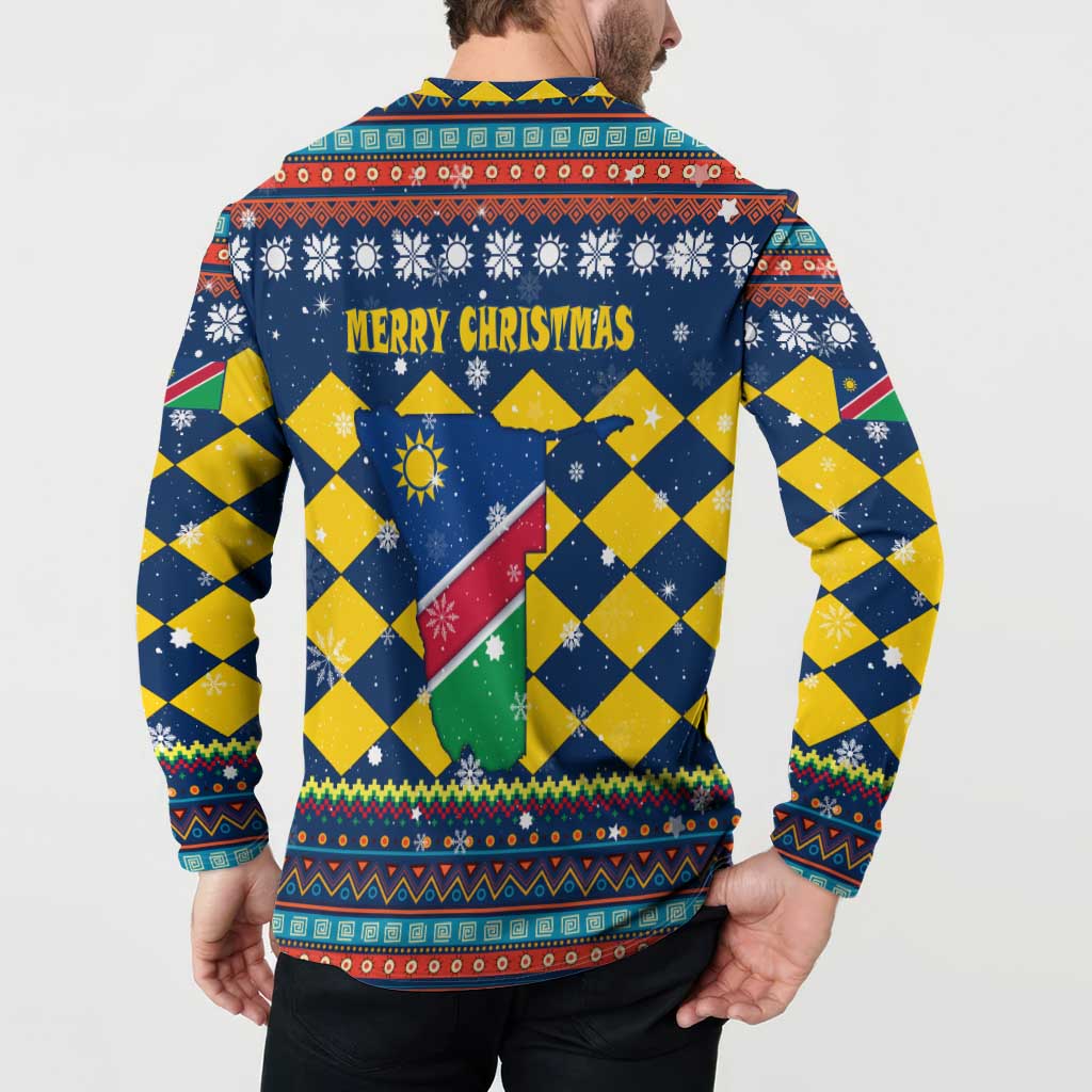 Namibia Christmas Button Sweatshirt with Blue-Yellow Diamond Pattern, Coat of Arms, and Flag Map Motif - Wonder Print Shop