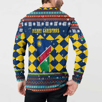 Namibia Christmas Button Sweatshirt with Blue-Yellow Diamond Pattern, Coat of Arms, and Flag Map Motif - Wonder Print Shop
