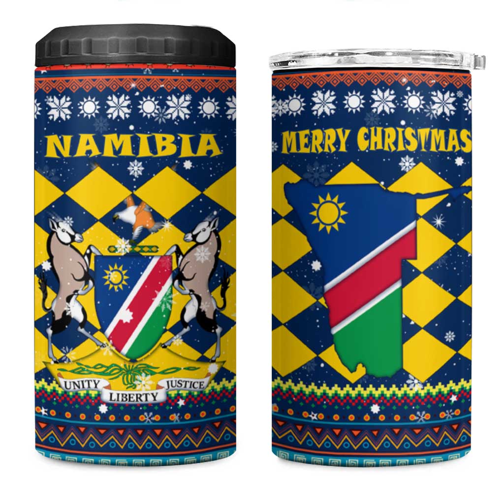Namibia Christmas 4 in 1 Can Cooler Tumbler with Blue-Yellow Diamond Pattern, Coat of Arms, and Flag Map Motif - Wonder Print Shop