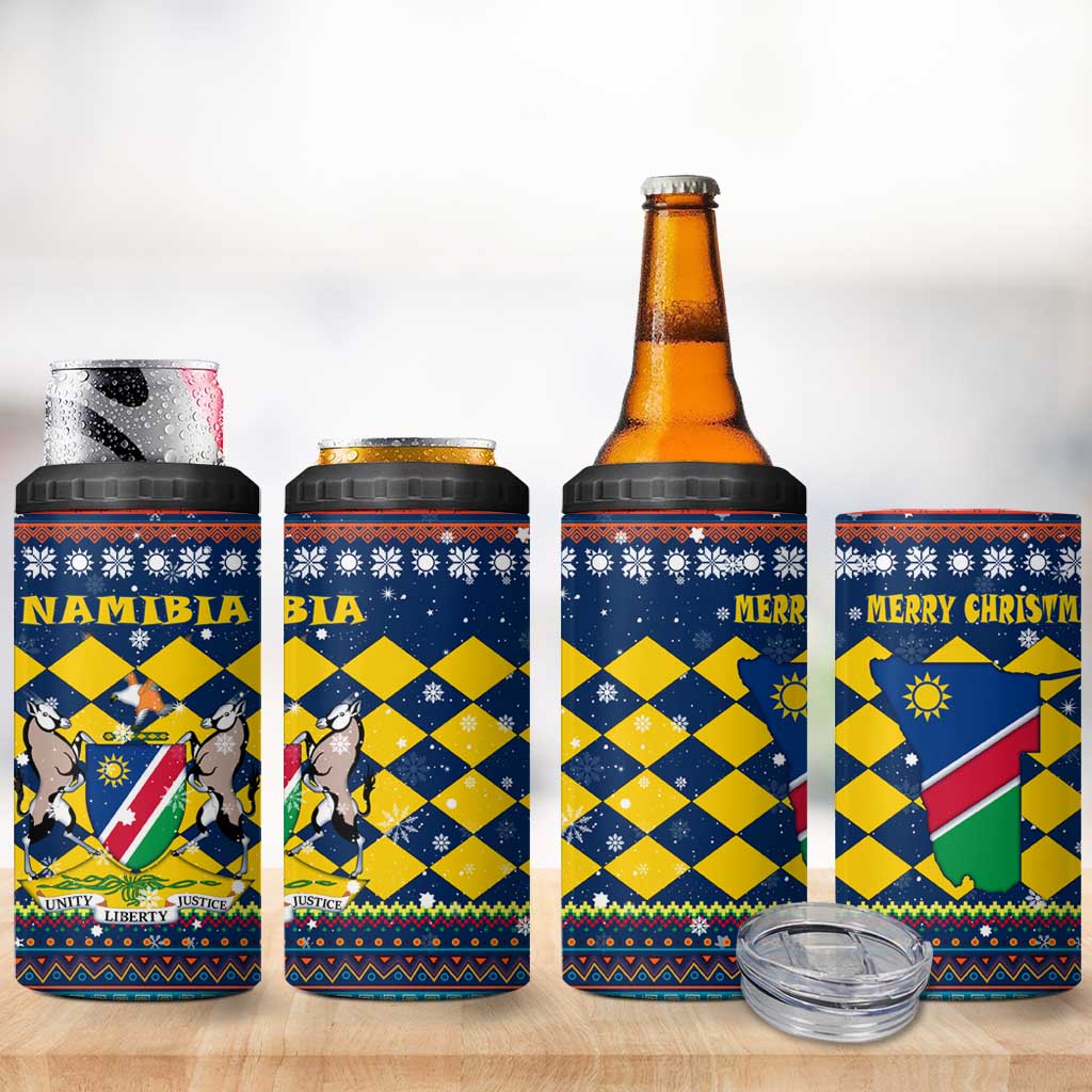 Namibia Christmas 4 in 1 Can Cooler Tumbler with Blue-Yellow Diamond Pattern, Coat of Arms, and Flag Map Motif - Wonder Print Shop