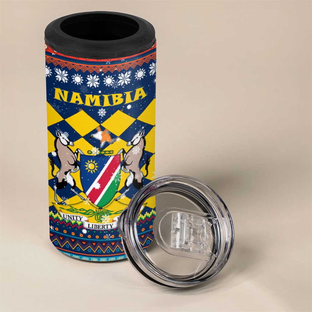 Namibia Christmas 4 in 1 Can Cooler Tumbler with Blue-Yellow Diamond Pattern, Coat of Arms, and Flag Map Motif - Wonder Print Shop