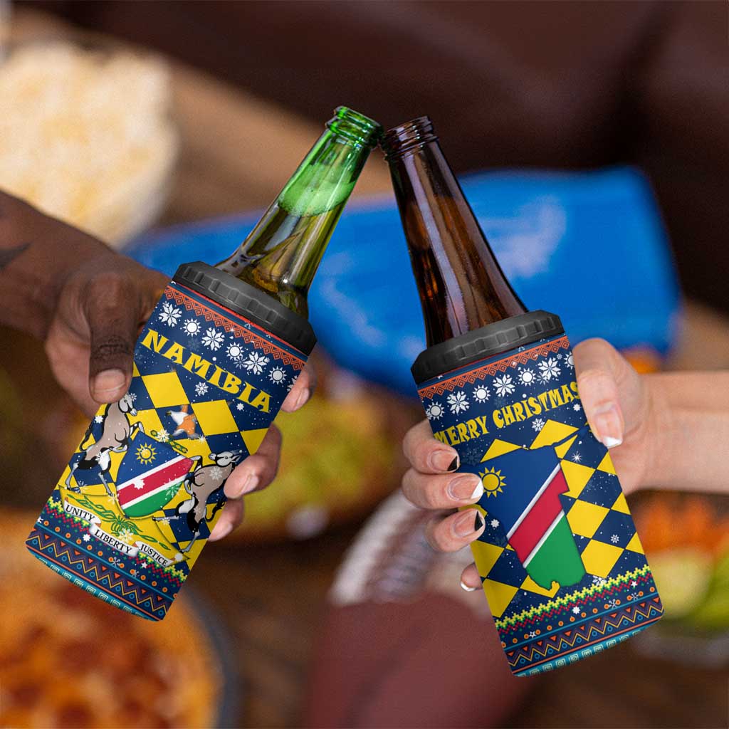 Namibia Christmas 4 in 1 Can Cooler Tumbler with Blue-Yellow Diamond Pattern, Coat of Arms, and Flag Map Motif - Wonder Print Shop