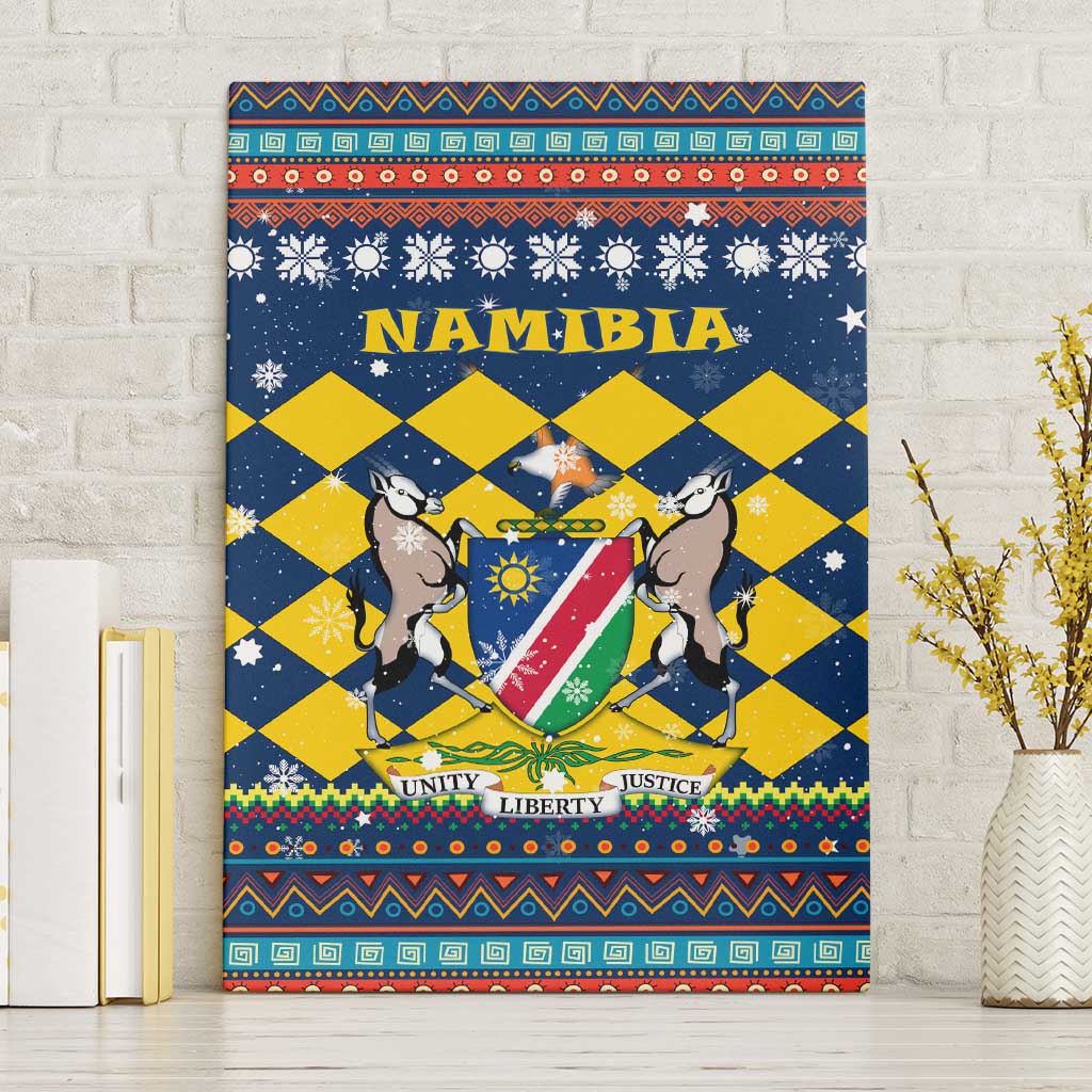 Namibia Christmas Canvas Wall Art with Blue-Yellow Diamond Pattern, Coat of Arms, and Flag Map Motif - Wonder Print Shop