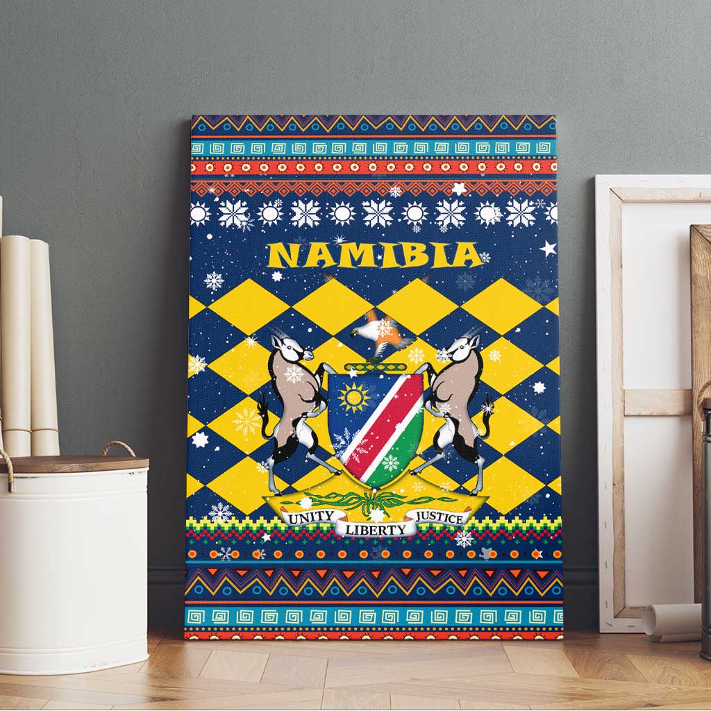 Namibia Christmas Canvas Wall Art with Blue-Yellow Diamond Pattern, Coat of Arms, and Flag Map Motif - Wonder Print Shop