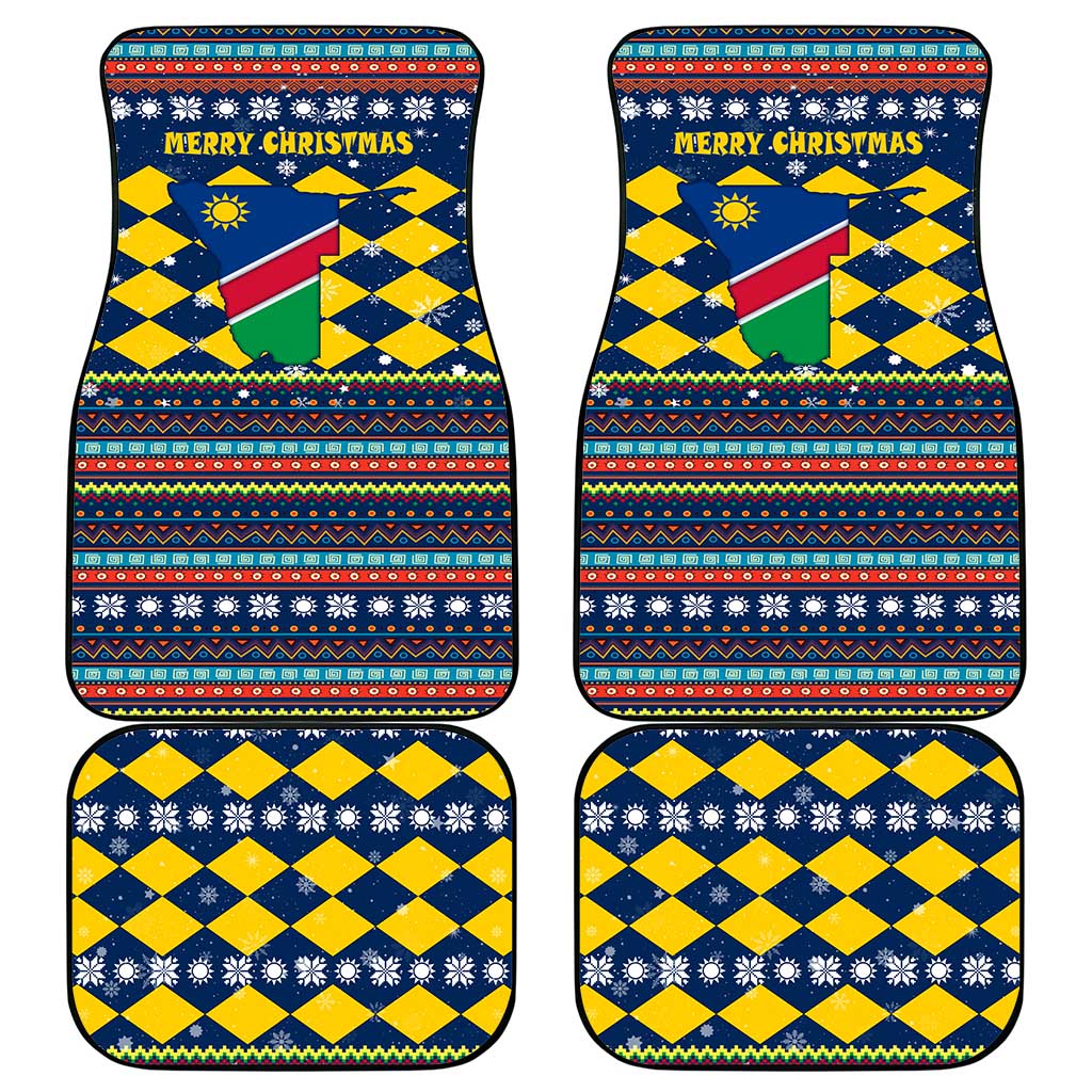 Namibia Christmas Car Mats with Blue-Yellow Diamond Pattern, Coat of Arms, and Flag Map Motif - Wonder Print Shop