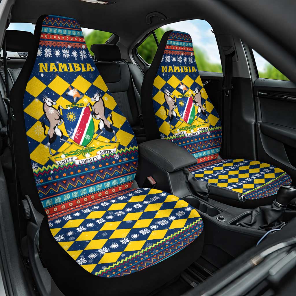 Namibia Christmas Car Seat Cover with Blue-Yellow Diamond Pattern, Coat of Arms, and Flag Map Motif - Wonder Print Shop