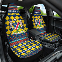 Namibia Christmas Car Seat Cover with Blue-Yellow Diamond Pattern, Coat of Arms, and Flag Map Motif - Wonder Print Shop