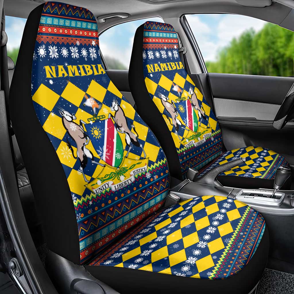 Namibia Christmas Car Seat Cover with Blue-Yellow Diamond Pattern, Coat of Arms, and Flag Map Motif - Wonder Print Shop