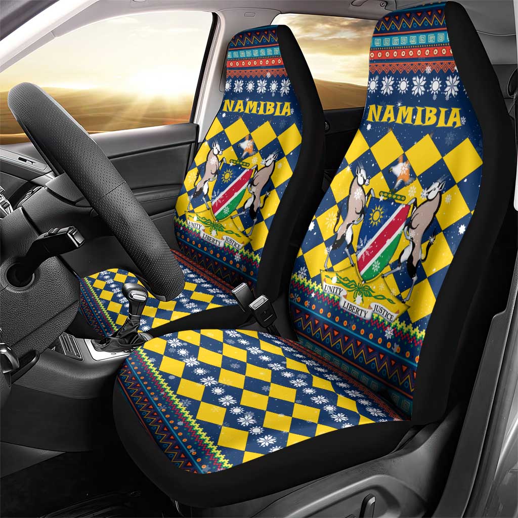 Namibia Christmas Car Seat Cover with Blue-Yellow Diamond Pattern, Coat of Arms, and Flag Map Motif - Wonder Print Shop
