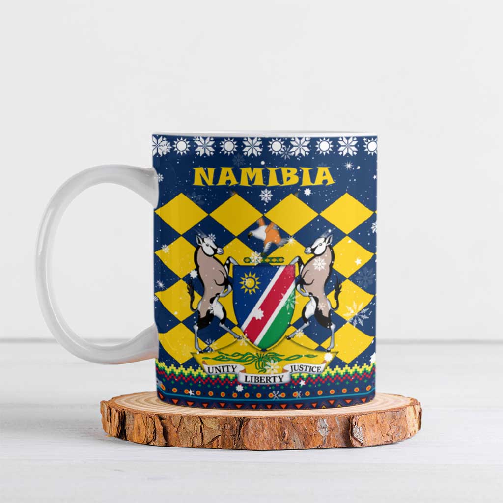 Namibia Christmas Ceramic Mug with Blue-Yellow Diamond Pattern, Coat of Arms, and Flag Map Motif - Wonder Print Shop
