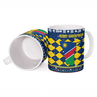 Namibia Christmas Ceramic Mug with Blue-Yellow Diamond Pattern, Coat of Arms, and Flag Map Motif - Wonder Print Shop