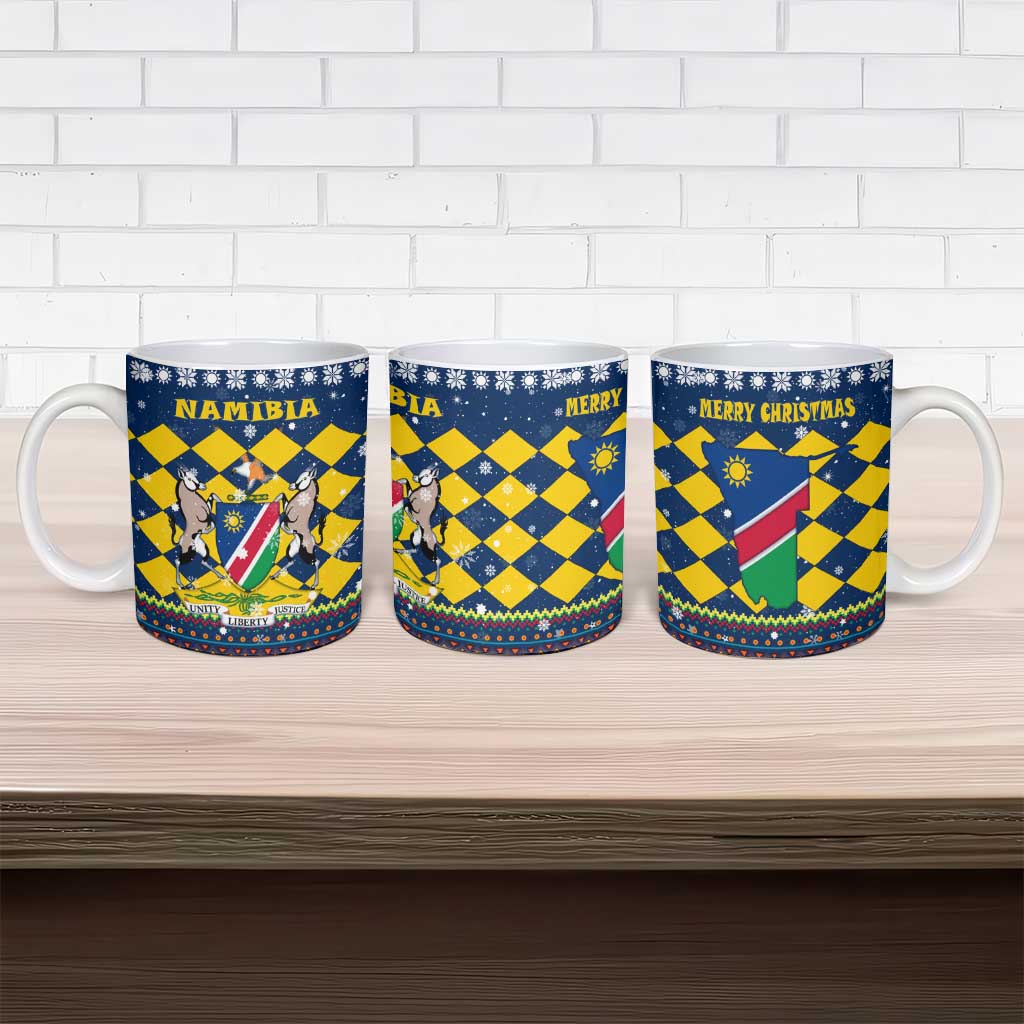 Namibia Christmas Ceramic Mug with Blue-Yellow Diamond Pattern, Coat of Arms, and Flag Map Motif - Wonder Print Shop