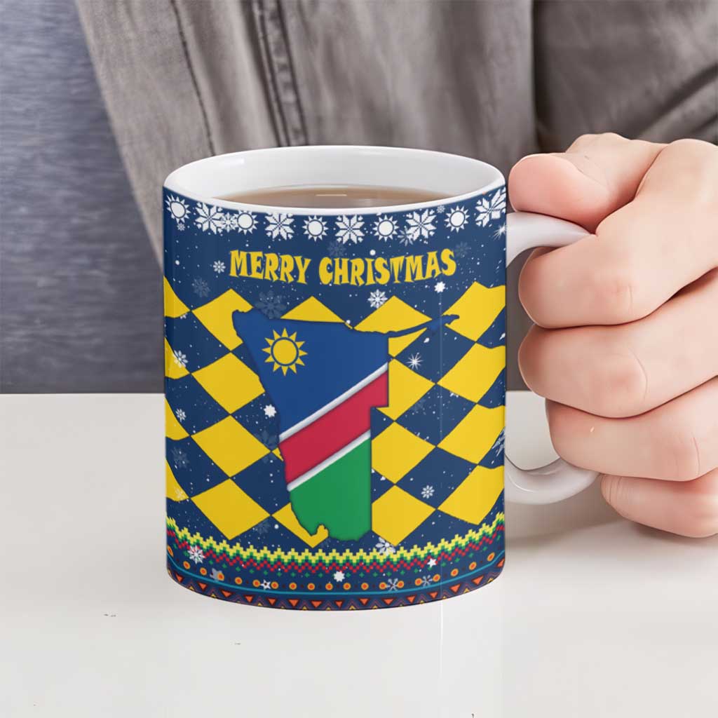Namibia Christmas Ceramic Mug with Blue-Yellow Diamond Pattern, Coat of Arms, and Flag Map Motif - Wonder Print Shop