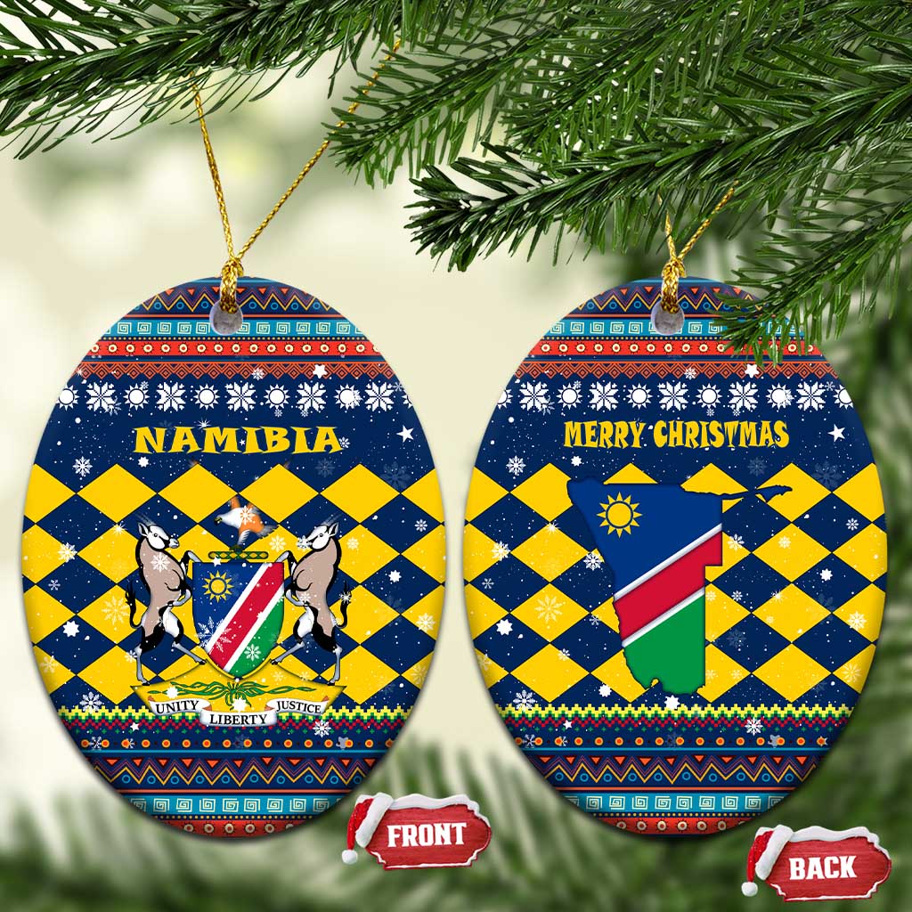 Namibia Christmas Ceramic Ornament with Blue-Yellow Diamond Pattern, Coat of Arms, and Flag Map Motif - Wonder Print Shop