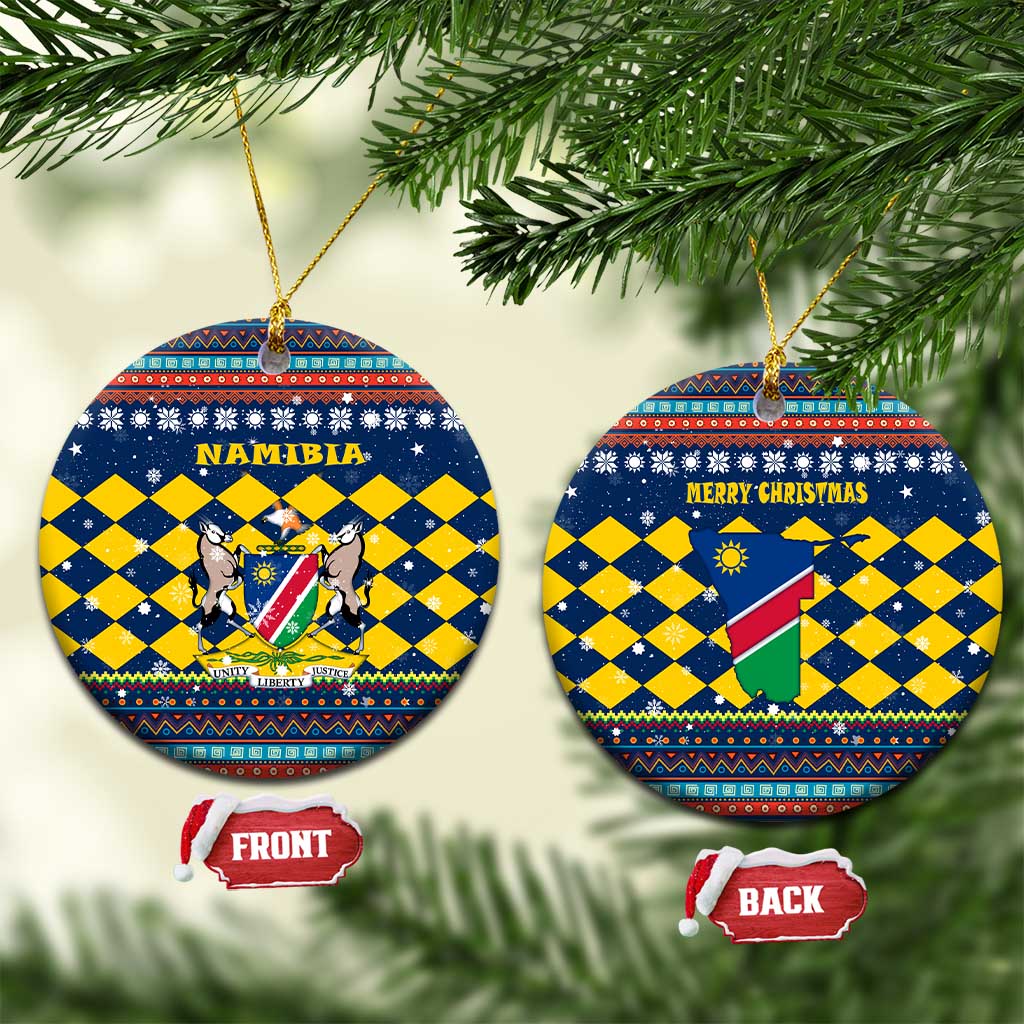 Namibia Christmas Ceramic Ornament with Blue-Yellow Diamond Pattern, Coat of Arms, and Flag Map Motif - Wonder Print Shop