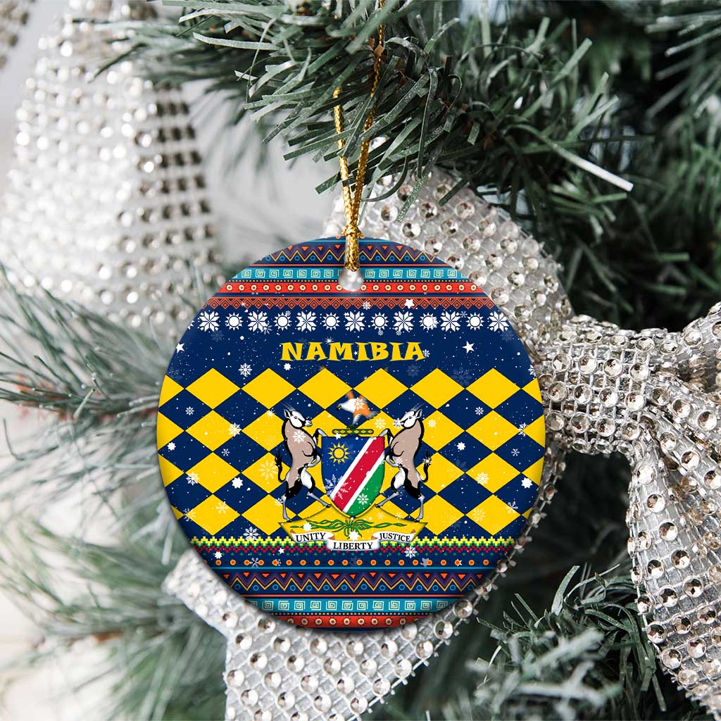 Namibia Christmas Ceramic Ornament with Blue-Yellow Diamond Pattern, Coat of Arms, and Flag Map Motif - Wonder Print Shop