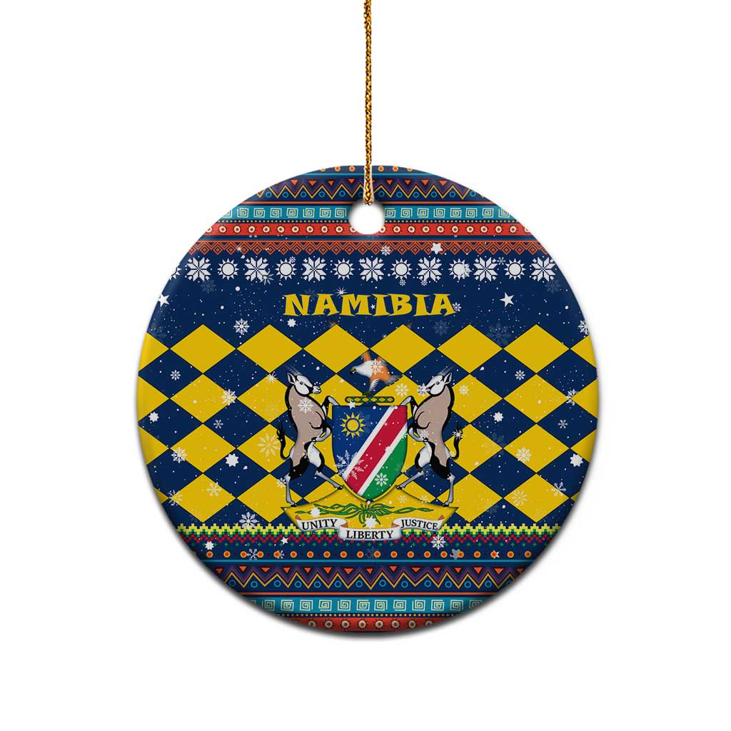 Namibia Christmas Ceramic Ornament with Blue-Yellow Diamond Pattern, Coat of Arms, and Flag Map Motif - Wonder Print Shop