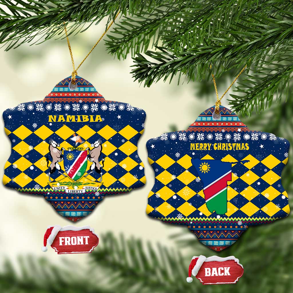 Namibia Christmas Ceramic Ornament with Blue-Yellow Diamond Pattern, Coat of Arms, and Flag Map Motif - Wonder Print Shop