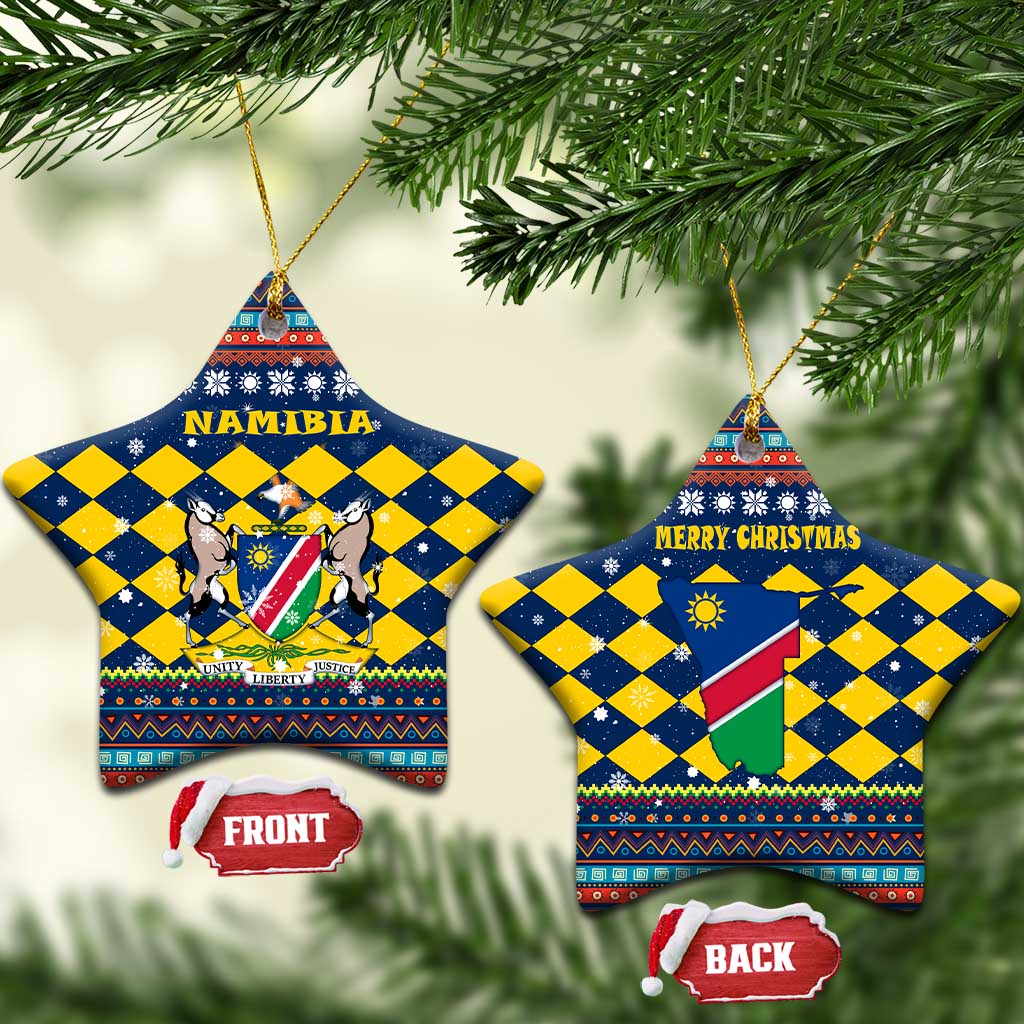 Namibia Christmas Ceramic Ornament with Blue-Yellow Diamond Pattern, Coat of Arms, and Flag Map Motif - Wonder Print Shop