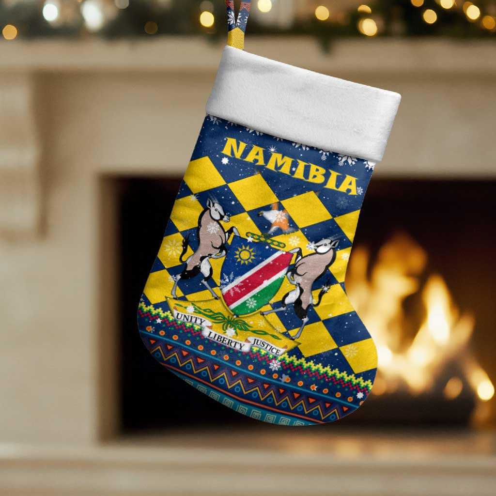 Namibia Christmas Stocking with Blue-Yellow Diamond Pattern, Coat of Arms, and Flag Map Motif - Wonder Print Shop