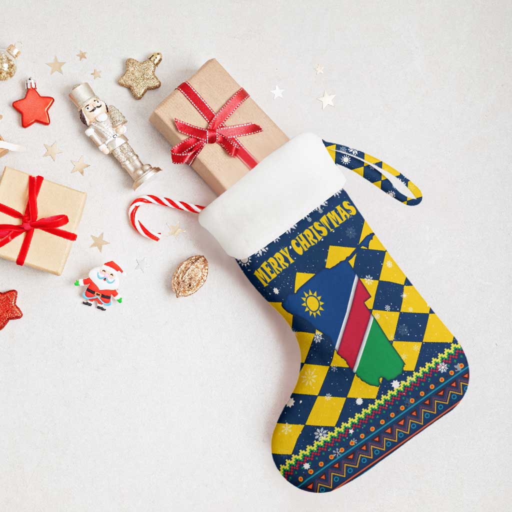 Namibia Christmas Stocking with Blue-Yellow Diamond Pattern, Coat of Arms, and Flag Map Motif - Wonder Print Shop