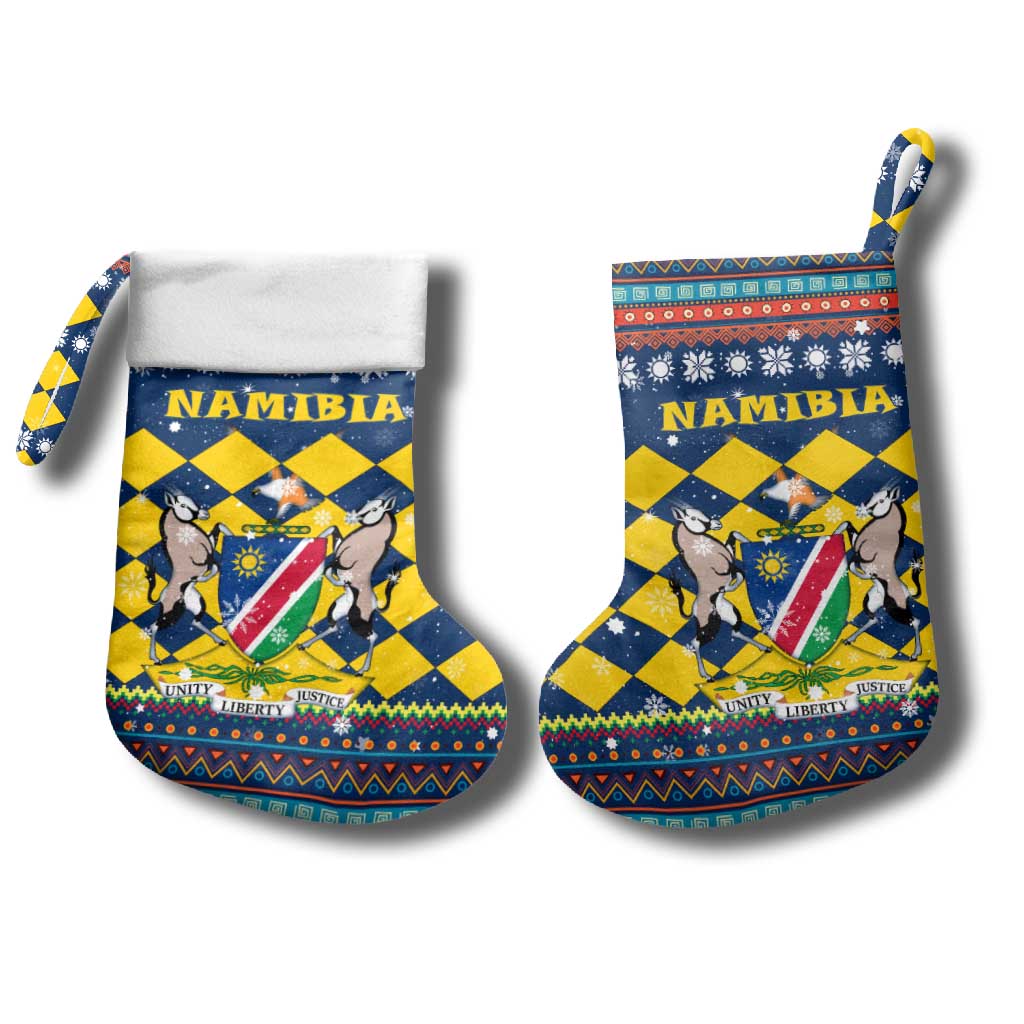 Namibia Christmas Stocking with Blue-Yellow Diamond Pattern, Coat of Arms, and Flag Map Motif - Wonder Print Shop