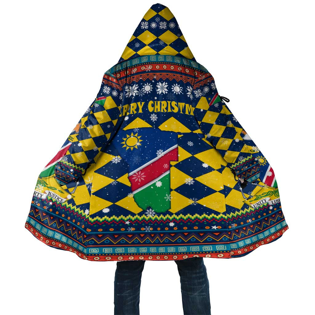 Namibia Christmas Cloak with Blue-Yellow Diamond Pattern, Coat of Arms, and Flag Map Motif - Wonder Print Shop