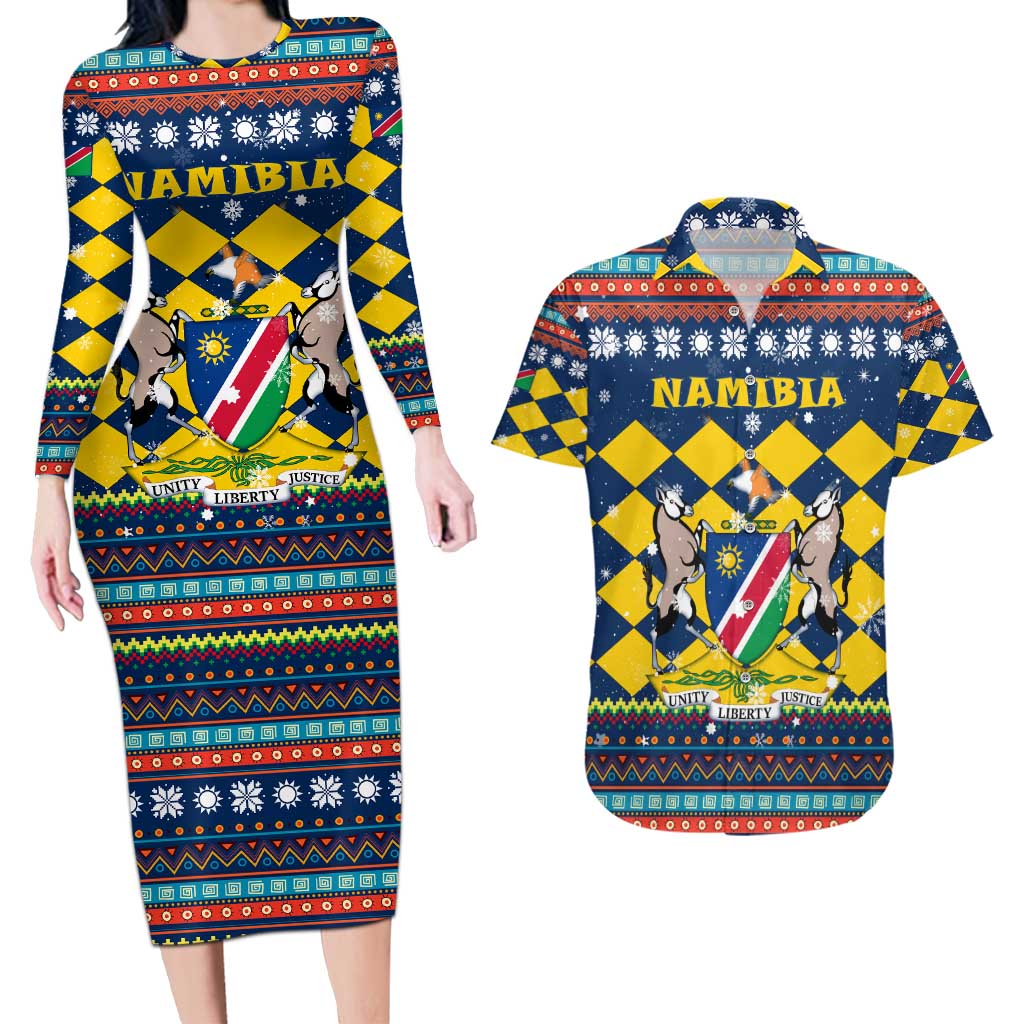 Namibia Christmas Couples Matching Long Sleeve Bodycon Dress and Hawaiian Shirt with Blue-Yellow Diamond Pattern, Coat of Arms, and Flag Map Motif - Wonder Print Shop