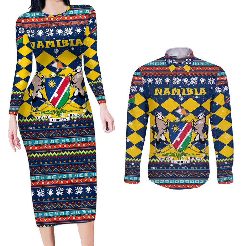 Namibia Christmas Couples Matching Long Sleeve Bodycon Dress and Long Sleeve Button Shirt with Blue-Yellow Diamond Pattern, Coat of Arms, and Flag Map Motif - Wonder Print Shop