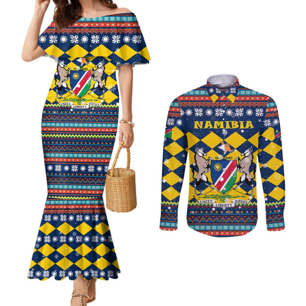 Namibia Christmas Couples Matching Mermaid Dress and Long Sleeve Button Shirt with Blue-Yellow Diamond Pattern, Coat of Arms, and Flag Map Motif - Wonder Print Shop