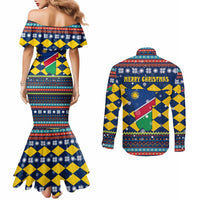 Namibia Christmas Couples Matching Mermaid Dress and Long Sleeve Button Shirt with Blue-Yellow Diamond Pattern, Coat of Arms, and Flag Map Motif - Wonder Print Shop