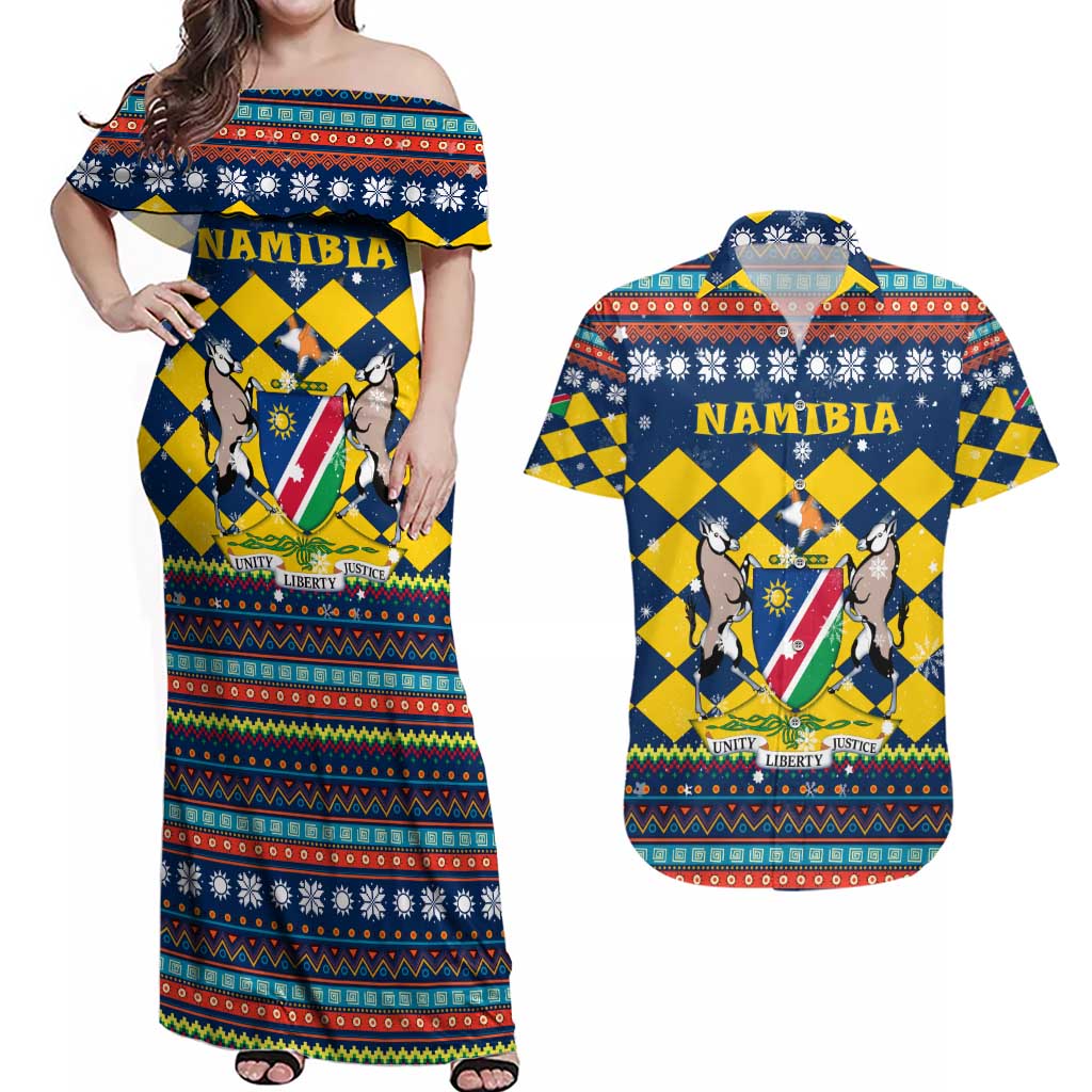 Namibia Christmas Couples Matching Off Shoulder Maxi Dress and Hawaiian Shirt with Blue-Yellow Diamond Pattern, Coat of Arms, and Flag Map Motif - Wonder Print Shop