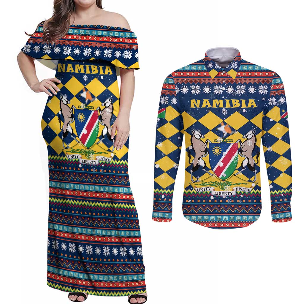 Namibia Christmas Couples Matching Off Shoulder Maxi Dress and Long Sleeve Button Shirt with Blue-Yellow Diamond Pattern, Coat of Arms, and Flag Map Motif - Wonder Print Shop