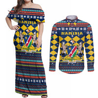 Namibia Christmas Couples Matching Off Shoulder Maxi Dress and Long Sleeve Button Shirt with Blue-Yellow Diamond Pattern, Coat of Arms, and Flag Map Motif - Wonder Print Shop