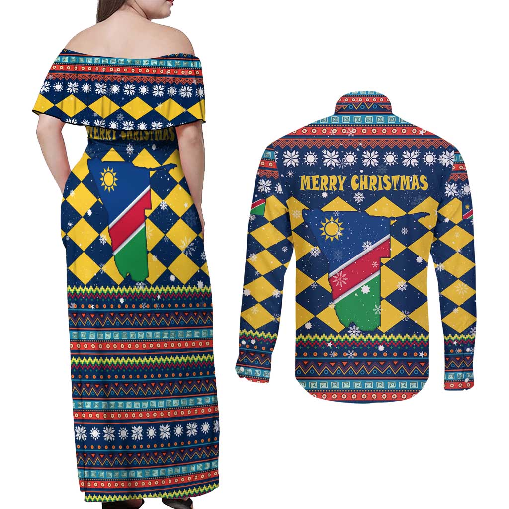 Namibia Christmas Couples Matching Off Shoulder Maxi Dress and Long Sleeve Button Shirt with Blue-Yellow Diamond Pattern, Coat of Arms, and Flag Map Motif - Wonder Print Shop