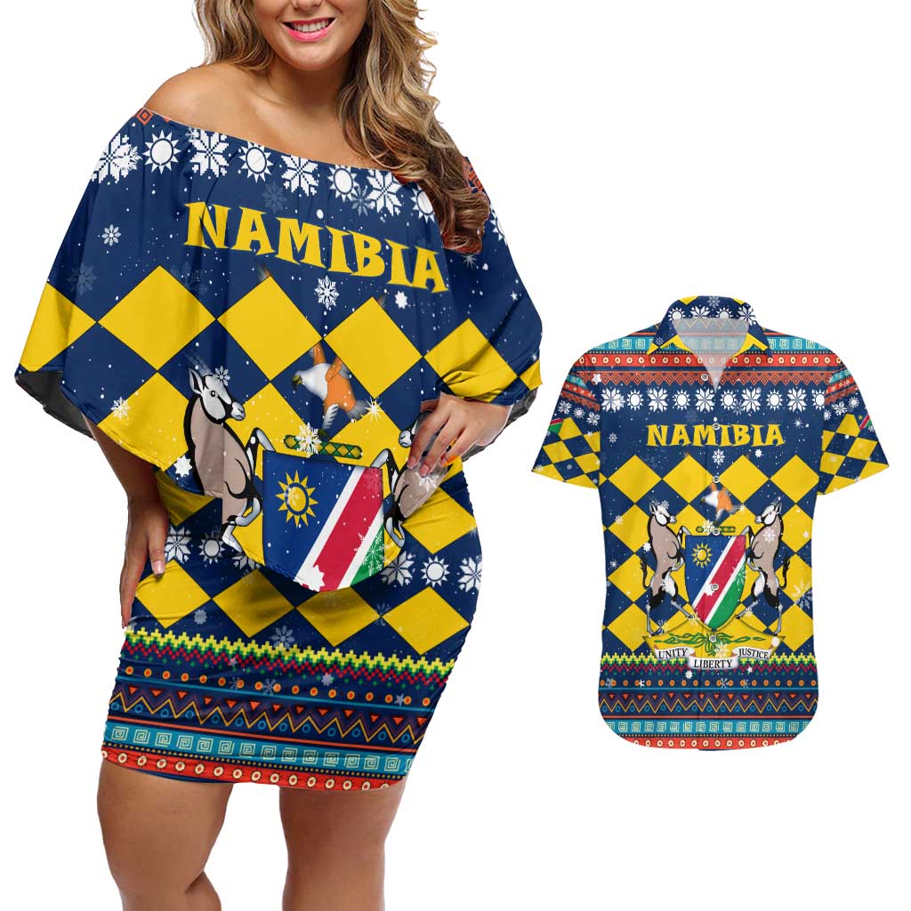 Namibia Christmas Couples Matching Off Shoulder Short Dress and Hawaiian Shirt with Blue-Yellow Diamond Pattern, Coat of Arms, and Flag Map Motif - Wonder Print Shop
