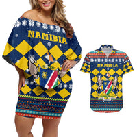 Namibia Christmas Couples Matching Off Shoulder Short Dress and Hawaiian Shirt with Blue-Yellow Diamond Pattern, Coat of Arms, and Flag Map Motif - Wonder Print Shop