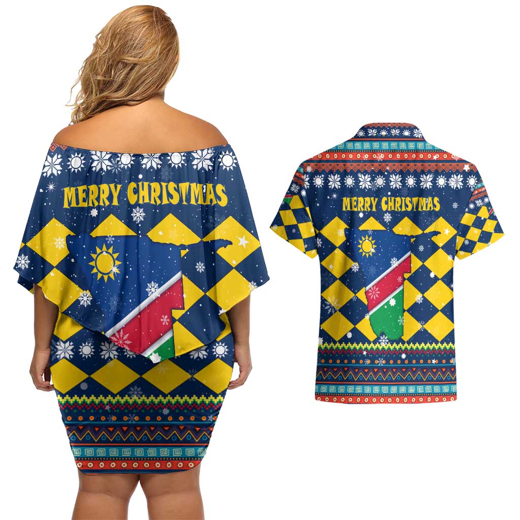 Namibia Christmas Couples Matching Off Shoulder Short Dress and Hawaiian Shirt with Blue-Yellow Diamond Pattern, Coat of Arms, and Flag Map Motif - Wonder Print Shop