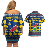 Namibia Christmas Couples Matching Off Shoulder Short Dress and Hawaiian Shirt with Blue-Yellow Diamond Pattern, Coat of Arms, and Flag Map Motif - Wonder Print Shop