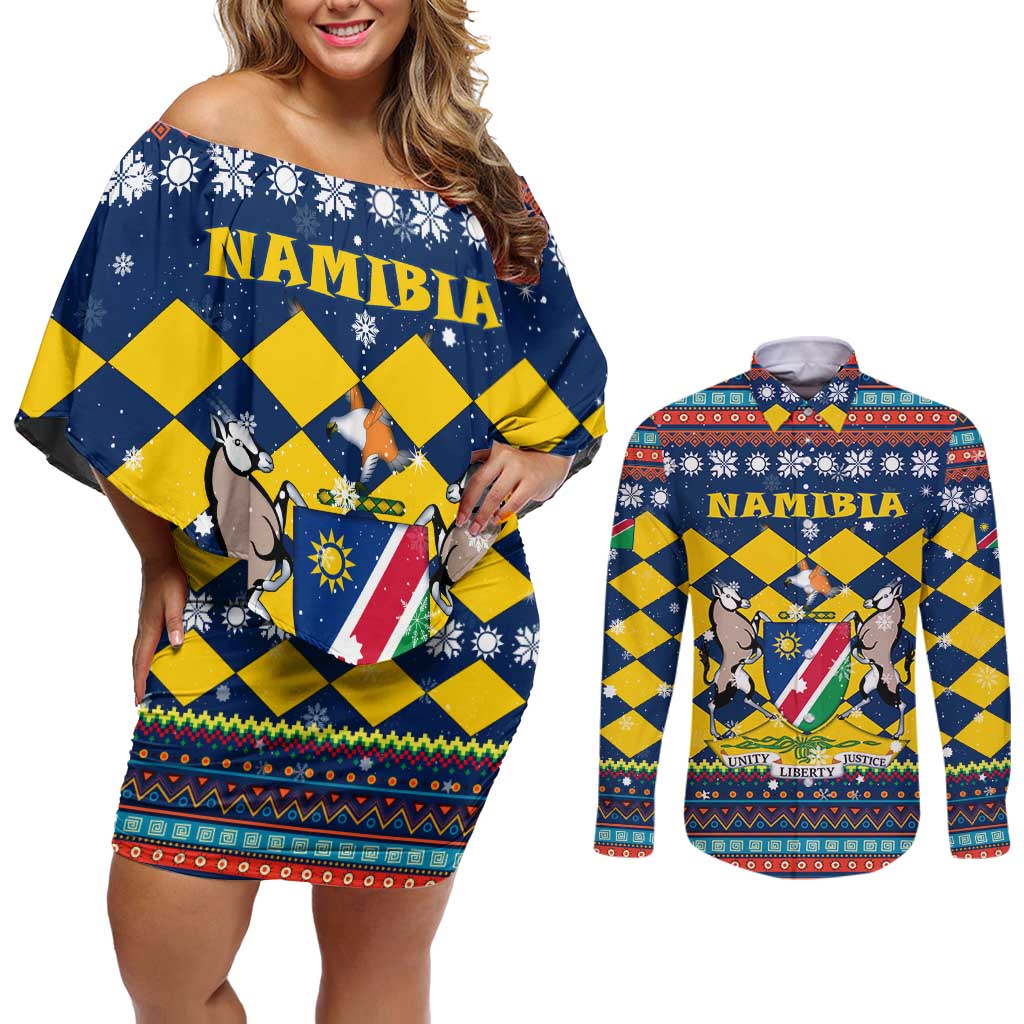 Namibia Christmas Couples Matching Off Shoulder Short Dress and Long Sleeve Button Shirt with Blue-Yellow Diamond Pattern, Coat of Arms, and Flag Map Motif - Wonder Print Shop