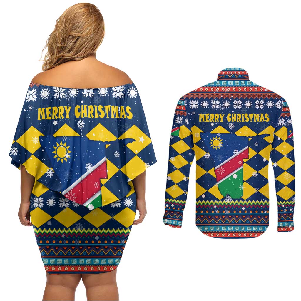 Namibia Christmas Couples Matching Off Shoulder Short Dress and Long Sleeve Button Shirt with Blue-Yellow Diamond Pattern, Coat of Arms, and Flag Map Motif - Wonder Print Shop