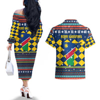 Namibia Christmas Couples Matching Off The Shoulder Long Sleeve Dress and Hawaiian Shirt with Blue-Yellow Diamond Pattern, Coat of Arms, and Flag Map Motif - Wonder Print Shop